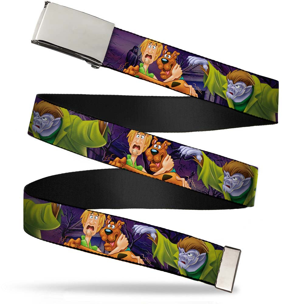 Chrome Buckle Web Belt - Scooby & Shaggy Hugging w/Werewolf Man Purple Webbing Web Belts Scooby Doo