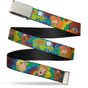 Chrome Buckle Web Belt - Scooby Doo 5-Character Faces Tie Dye Multi Color/White Webbing Web Belts Scooby Doo