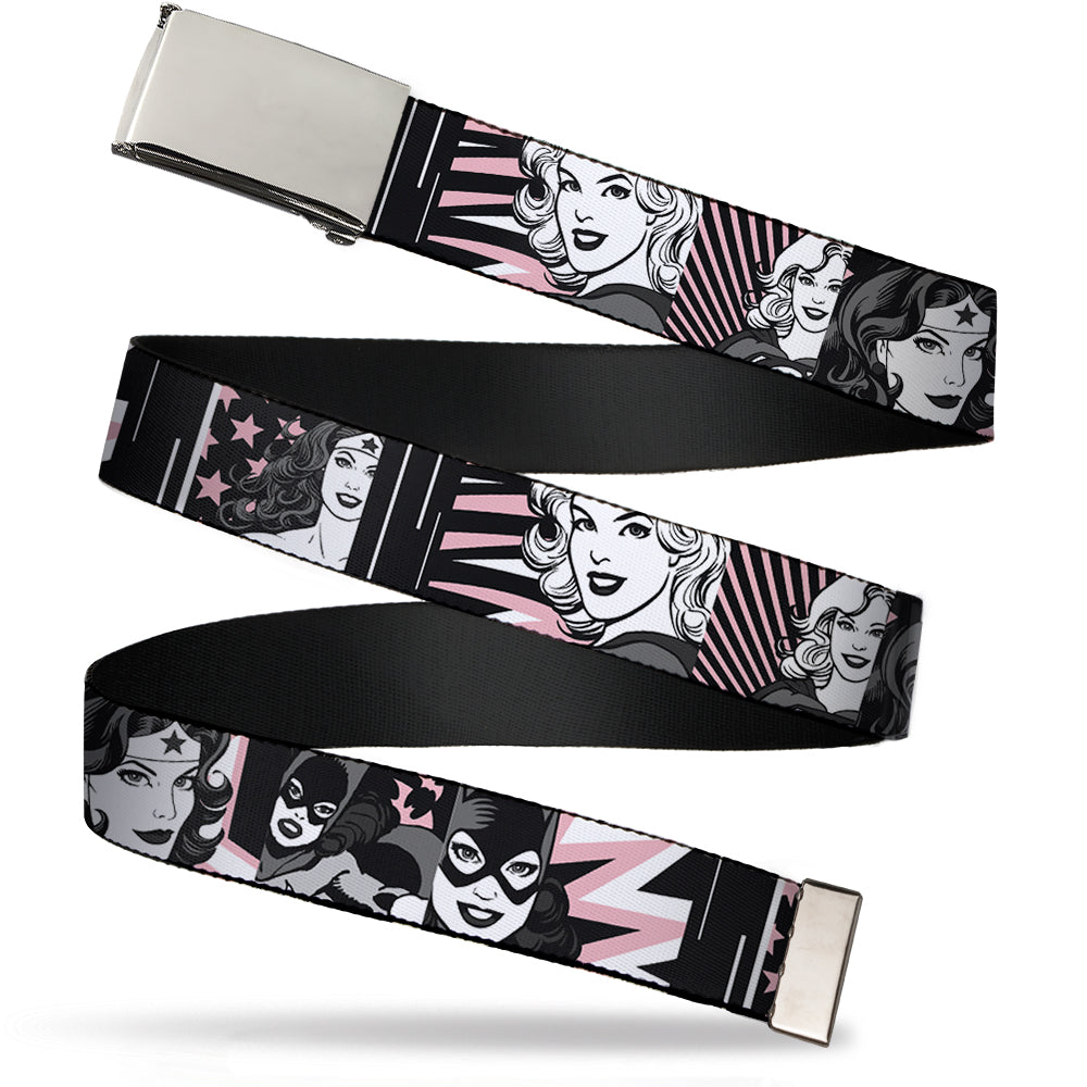 Chrome Buckle Web Belt - Batgirl/Wonder Woman/Supergirl Retro Panels Black/Pink/White Webbing Web Belts DC Comics