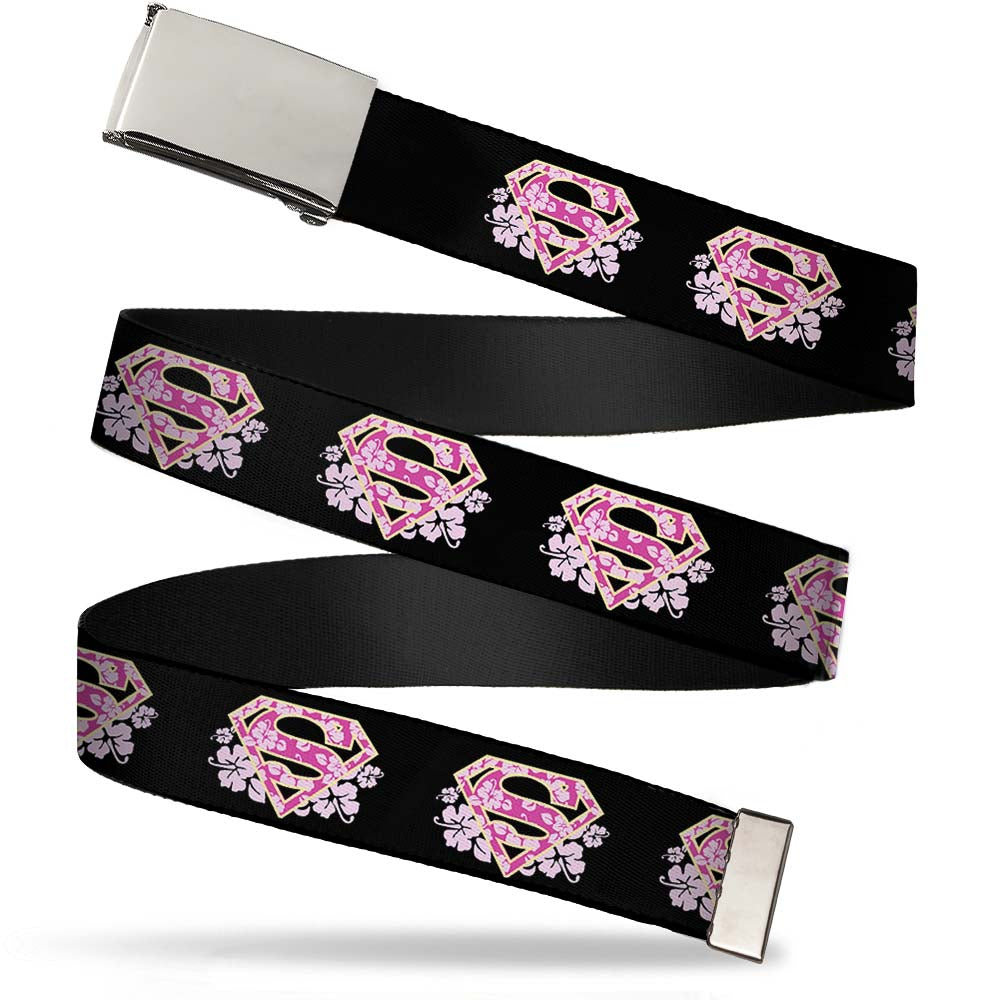 Chrome Buckle Web Belt - Super Shield Hibiscus Design Black/Pink Webbing Web Belts DC Comics