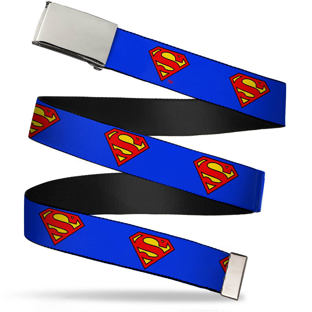 Chrome Buckle Web Belt - Superman Shield Blue Webbing Web Belts DC Comics