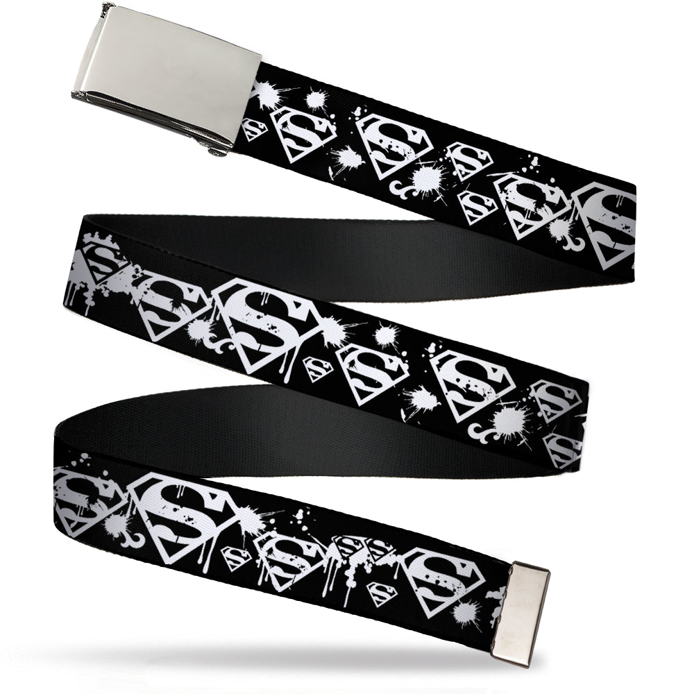 Web Belt Blank Chrome Buckle - Superman Shield Splatter Black/White Webbing Web Belts DC Comics