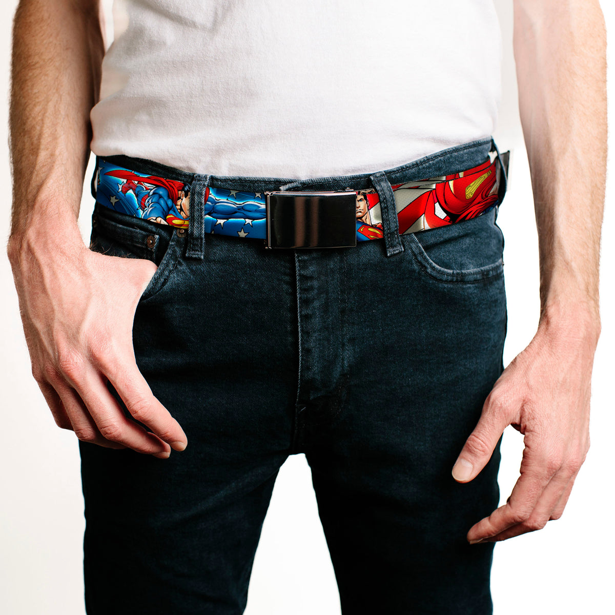 Chrome Buckle Web Belt - Superman Action Poses/Stars & Stripes Webbing Web Belts DC Comics