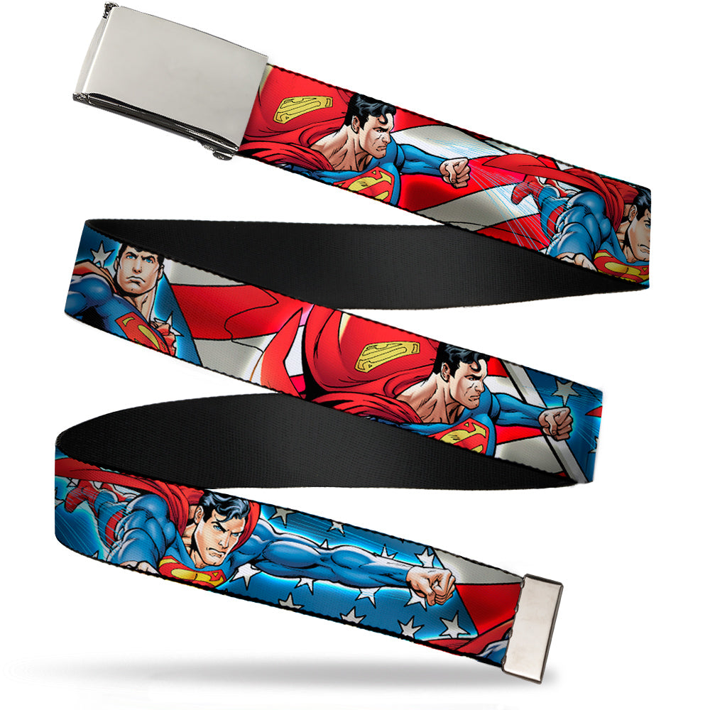 Chrome Buckle Web Belt - Superman Action Poses/Stars & Stripes Webbing Web Belts DC Comics