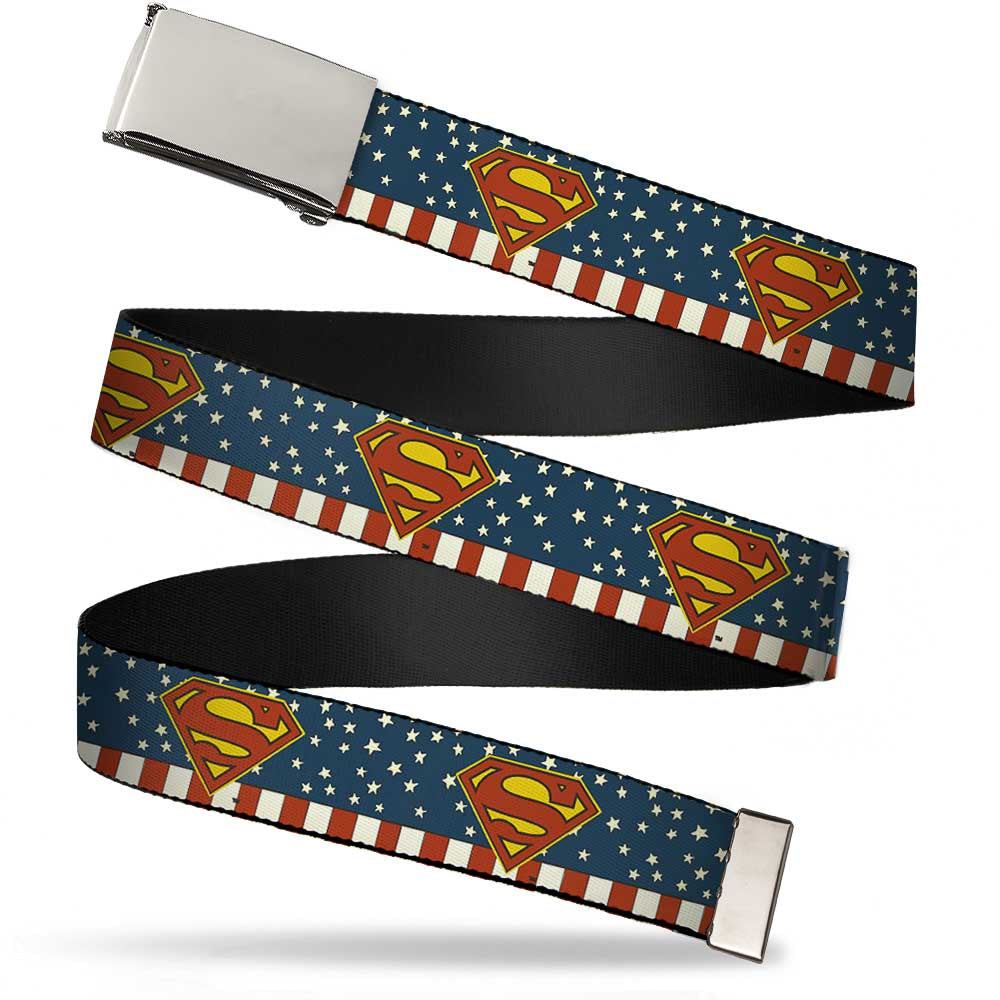 Chrome Buckle Web Belt - Superman Shield Americana Red/White/Blue/Yellow Webbing Web Belts DC Comics