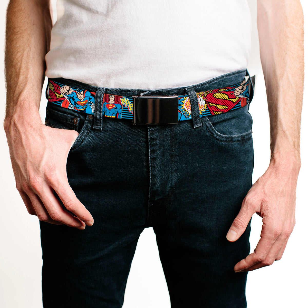 Chrome Buckle Web Belt - Superman Logo/Poses/Action Bubbles Pop Collage Blue/Black Webbing Web Belts DC Comics