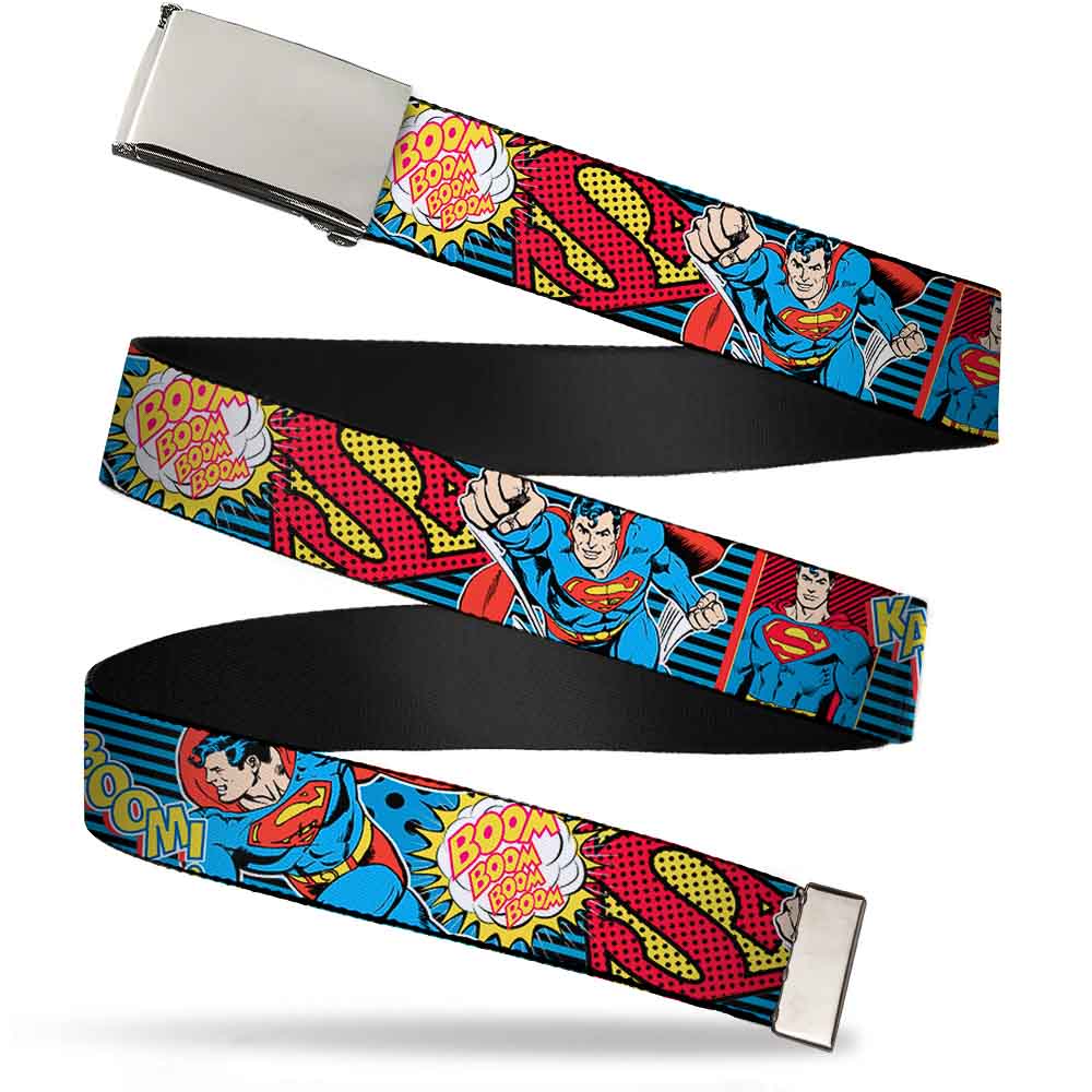 Chrome Buckle Web Belt - Superman Logo/Poses/Action Bubbles Pop Collage Blue/Black Webbing Web Belts DC Comics