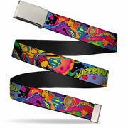 Chrome Buckle Web Belt - SUPERMAN Poses/Battling Mongul Black/Multi Neon Webbing Web Belts DC Comics