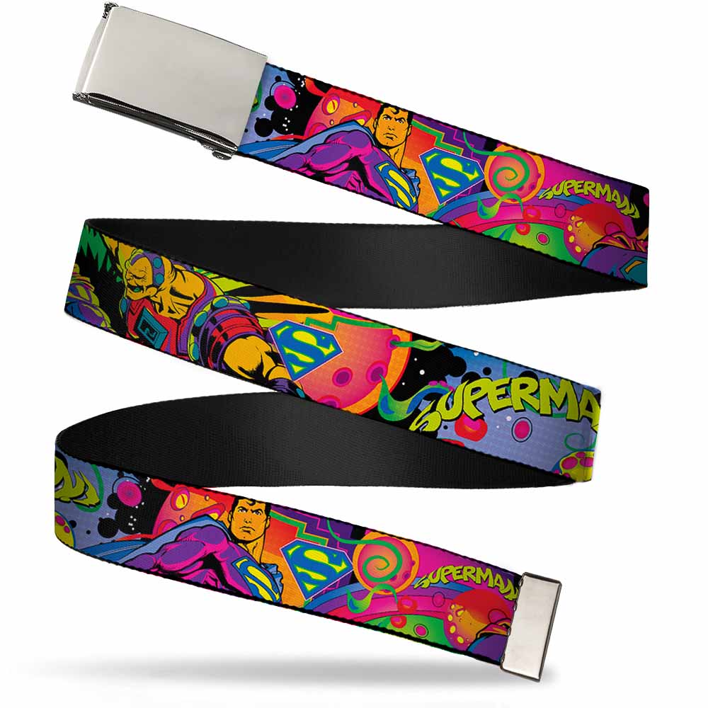 Chrome Buckle Web Belt - SUPERMAN Poses/Battling Mongul Black/Multi Neon Webbing Web Belts DC Comics