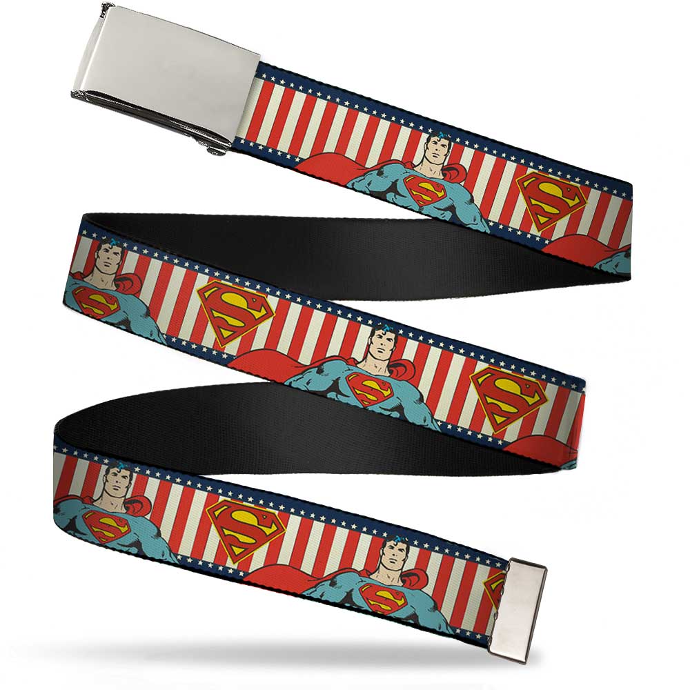 Chrome Buckle Web Belt - Superman Pose/Shield Americana Blue/White/Red/White Webbing Web Belts DC Comics