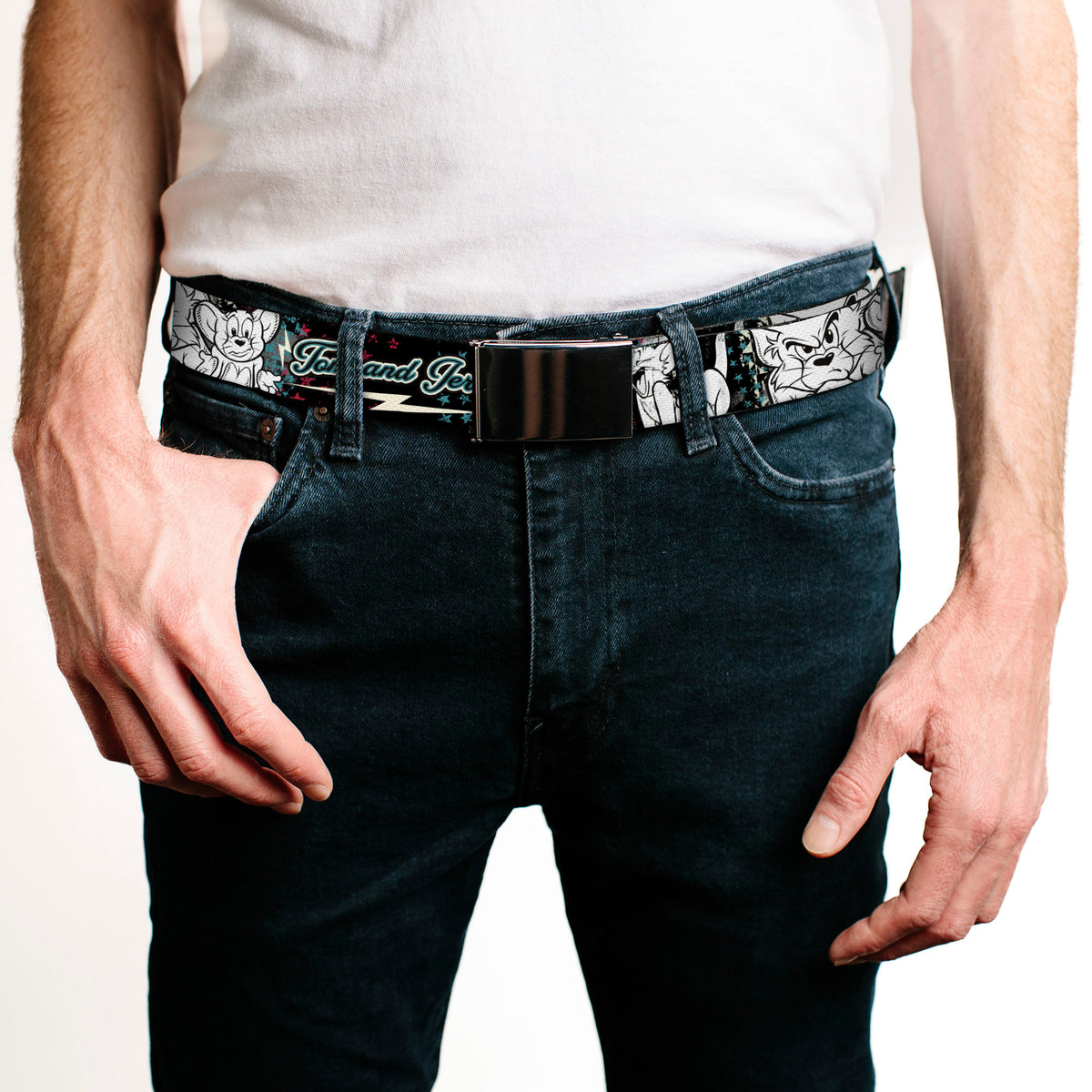 Chrome Buckle Web Belt - TOM & JERRY Face & Pose Sketch Black/White/Red/Blue Webbing Web Belts Tom and Jerry