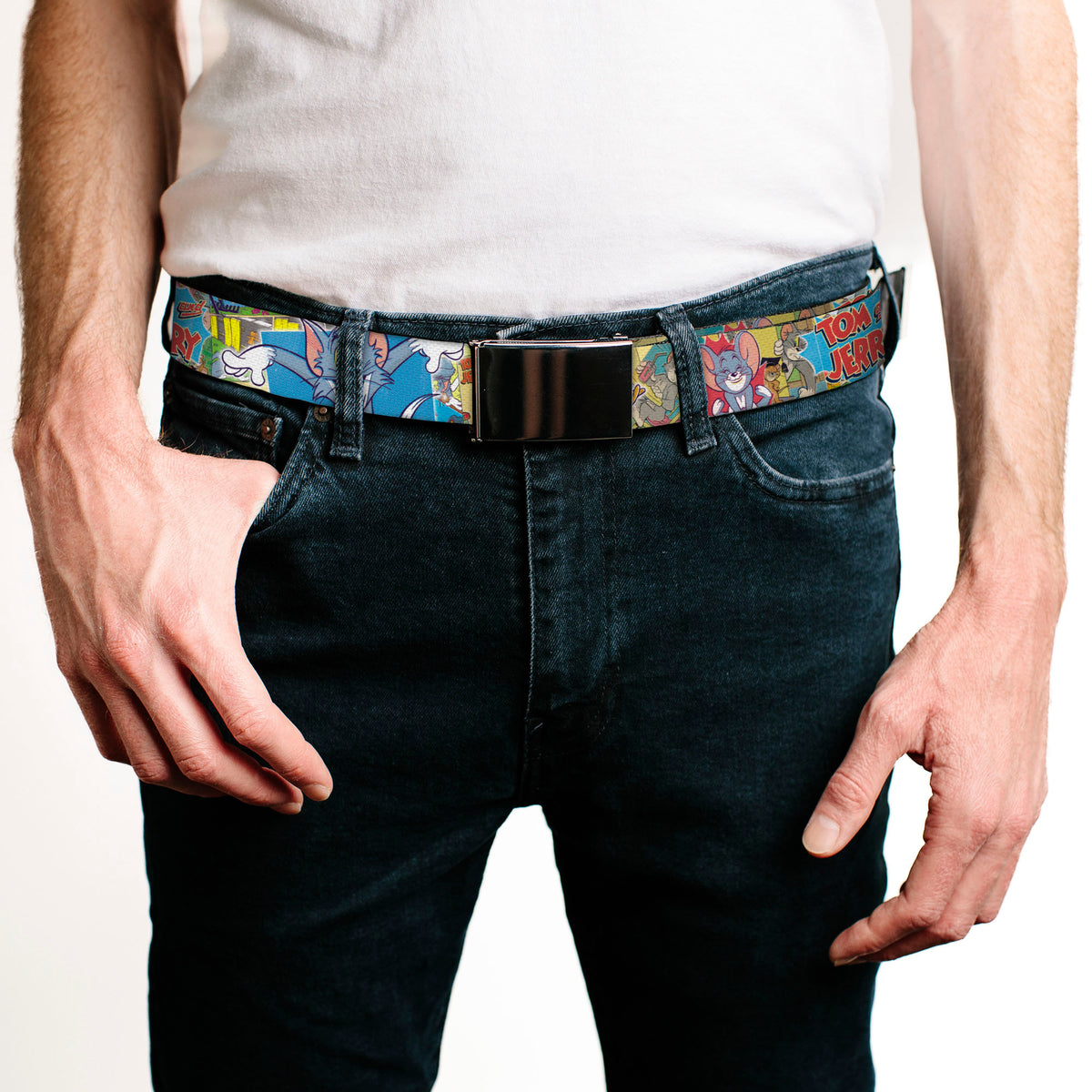 Chrome Buckle Web Belt - TOM & JERRY Faces/Stacked Scene Panels Webbing Web Belts Tom and Jerry