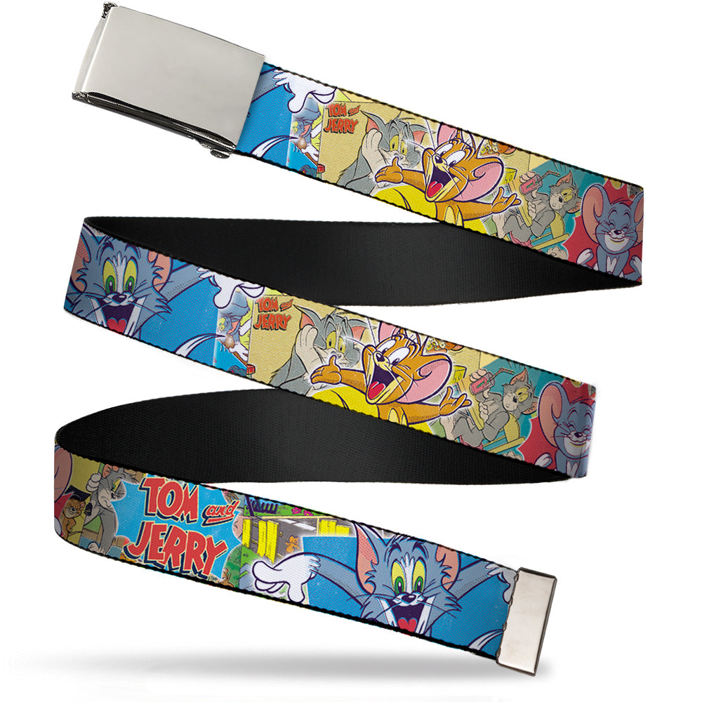 Chrome Buckle Web Belt - TOM & JERRY Faces/Stacked Scene Panels Webbing Web Belts Tom and Jerry