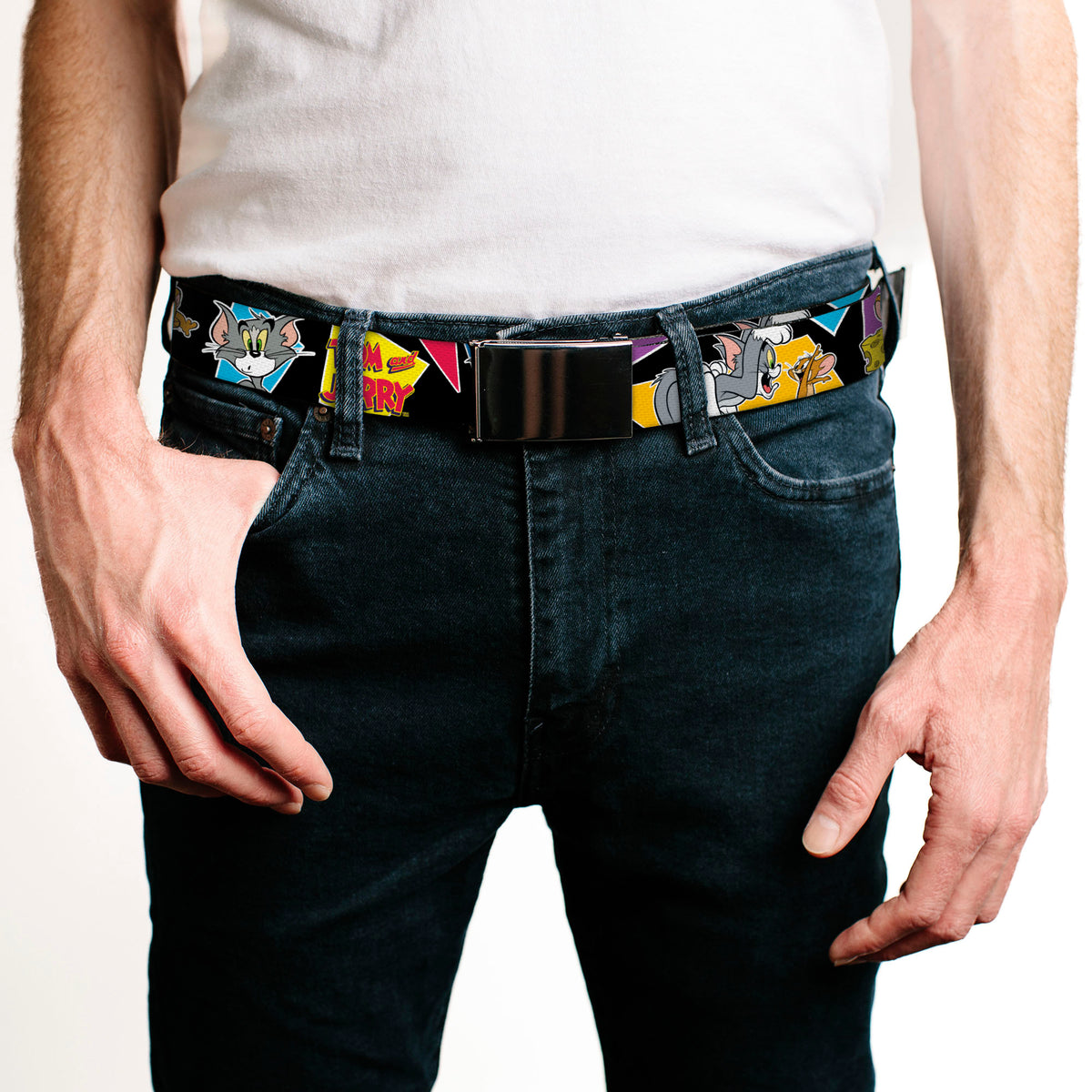 Chrome Buckle Web Belt - TOM & JERRY Poses Black/Multi Color Webbing Web Belts Tom and Jerry