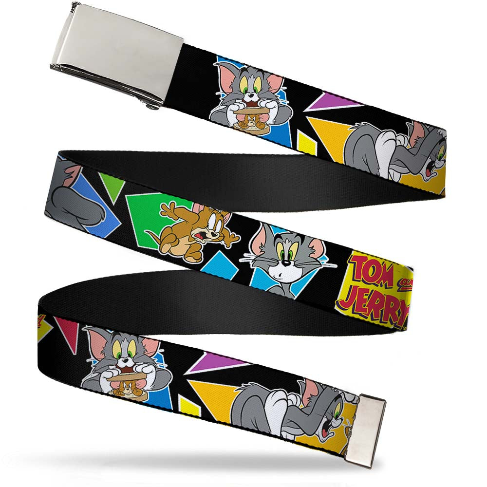 Chrome Buckle Web Belt - TOM & JERRY Poses Black/Multi Color Webbing Web Belts Tom and Jerry