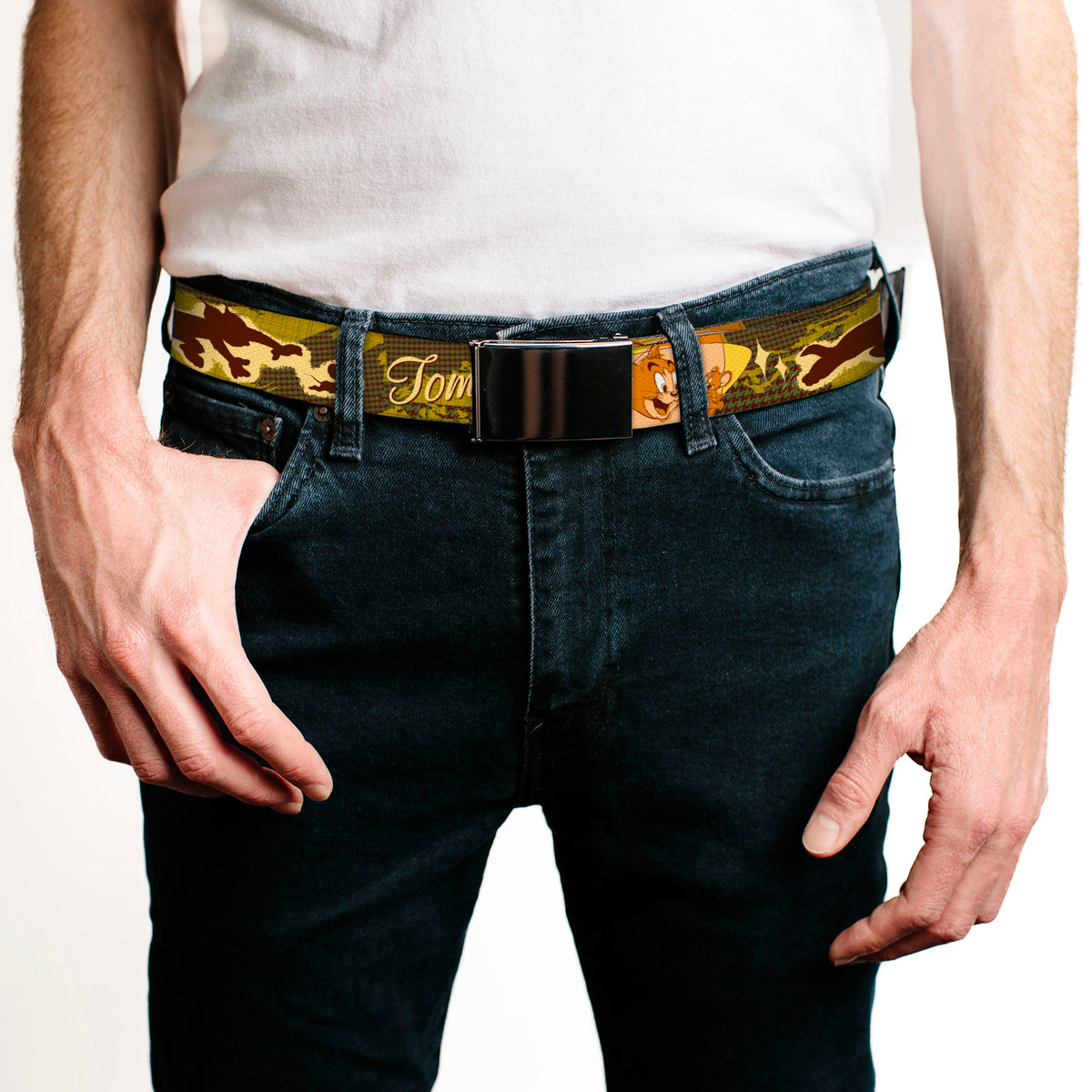 Chrome Buckle Web Belt - TOM & JERRY Tom Chasing Jerry Houndstooth Browns Webbing Web Belts Tom and Jerry