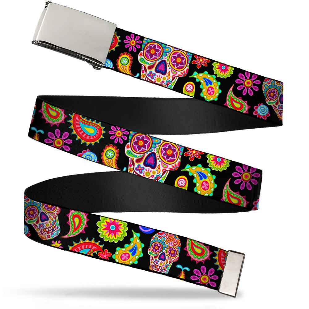 Chrome Buckle Web Belt - Bobo Sugar Skull/Paisley Black/Multi Color Webbing Web Belts Thaneeya McArdle