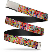 Chrome Buckle Web Belt - Dancing Catrinas Collage Multi Color Webbing Web Belts Thaneeya McArdle