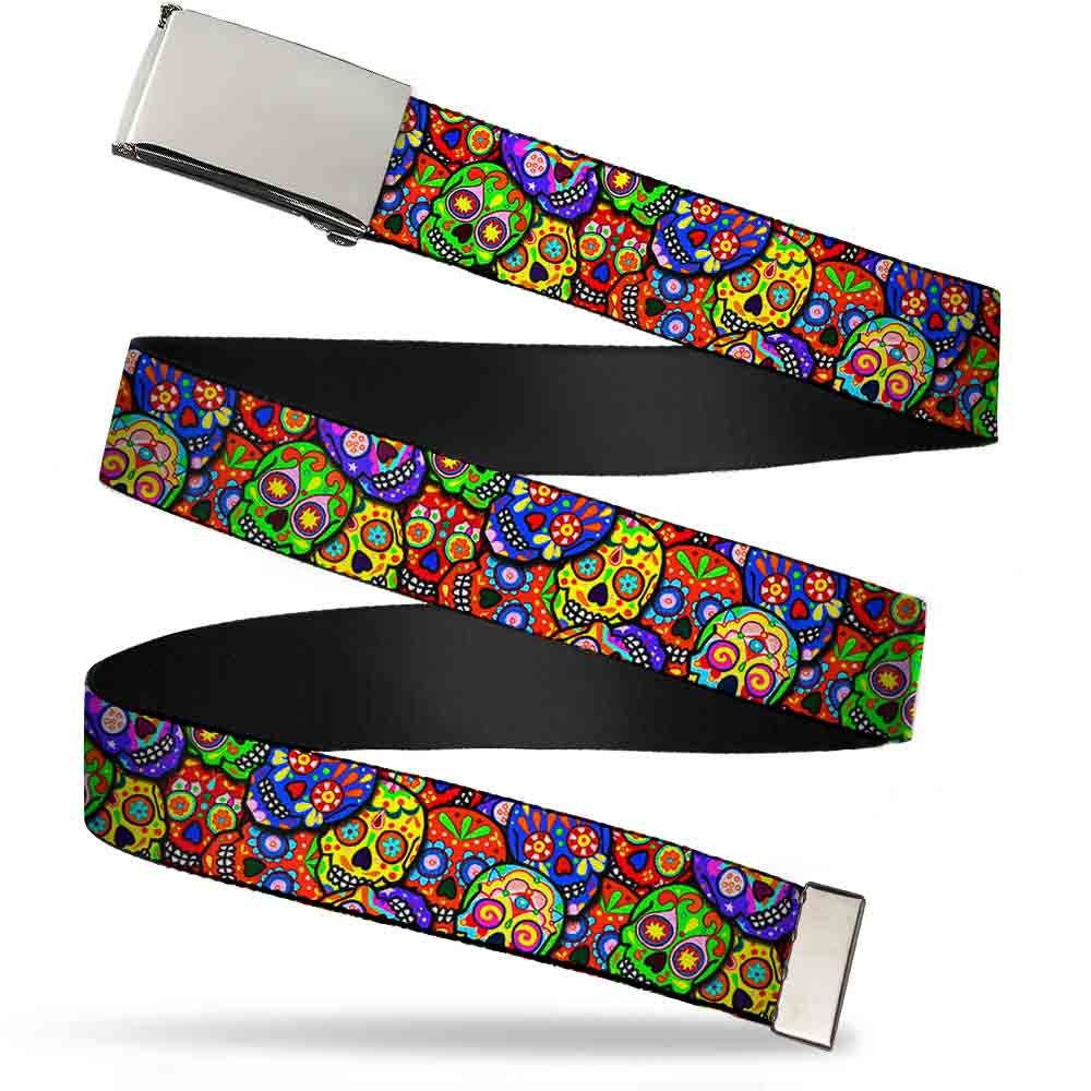 Chrome Buckle Web Belt - Colorful Calaveras Stacked Multi Color Webbing Web Belts Thaneeya McArdle