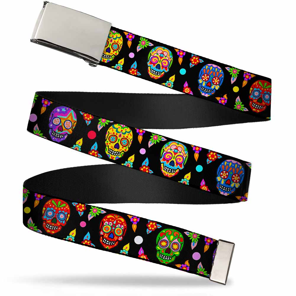 Chrome Buckle Web Belt - Colorful Calaveras Black/Multi Color Webbing Web Belts Thaneeya McArdle