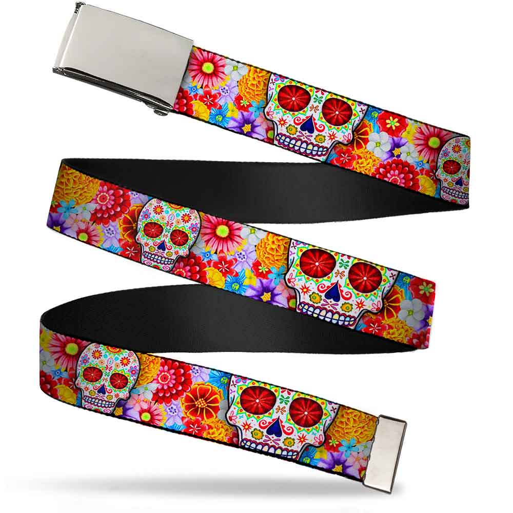 Chrome Buckle Web Belt - Sugar Skull Starburst White/Multi Color Webbing Web Belts Thaneeya McArdle