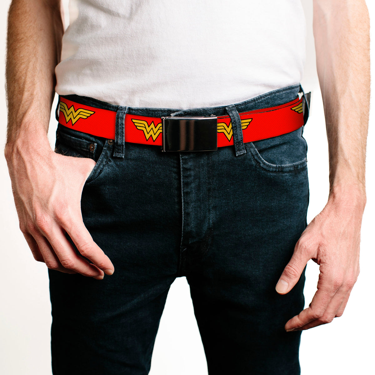 Chrome Buckle Web Belt - Wonder Woman Logo Red Webbing Web Belts DC Comics