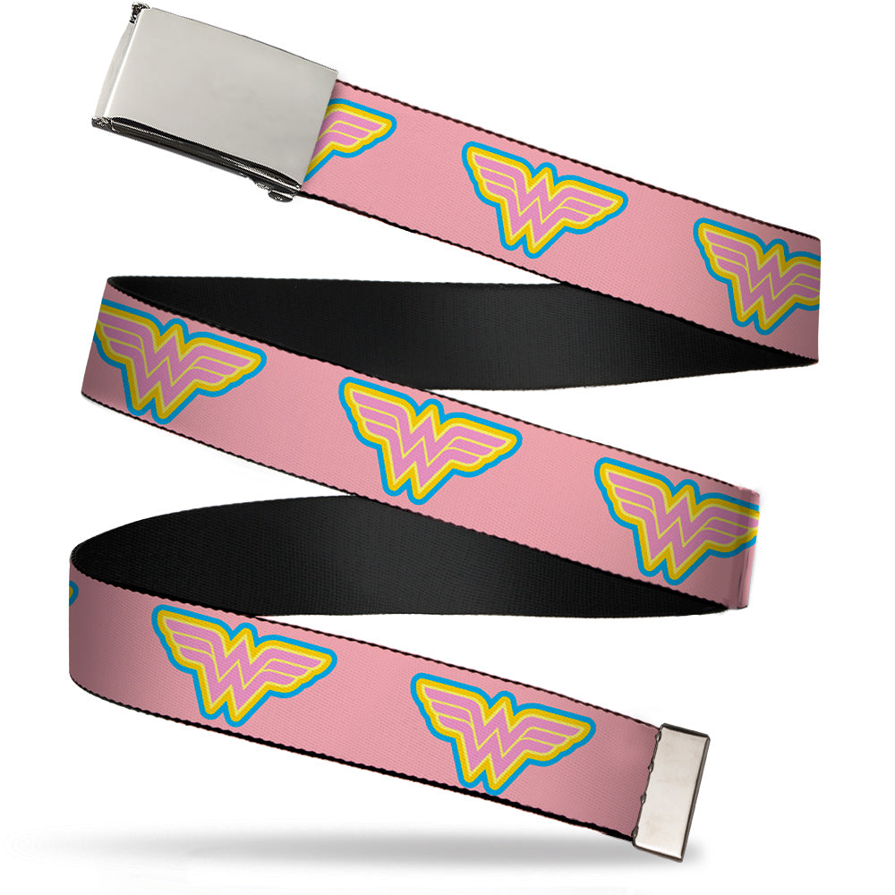 Chrome Buckle Web Belt - Wonder Woman Logo Pink/Blue/Yellow/Pink Webbing Web Belts DC Comics