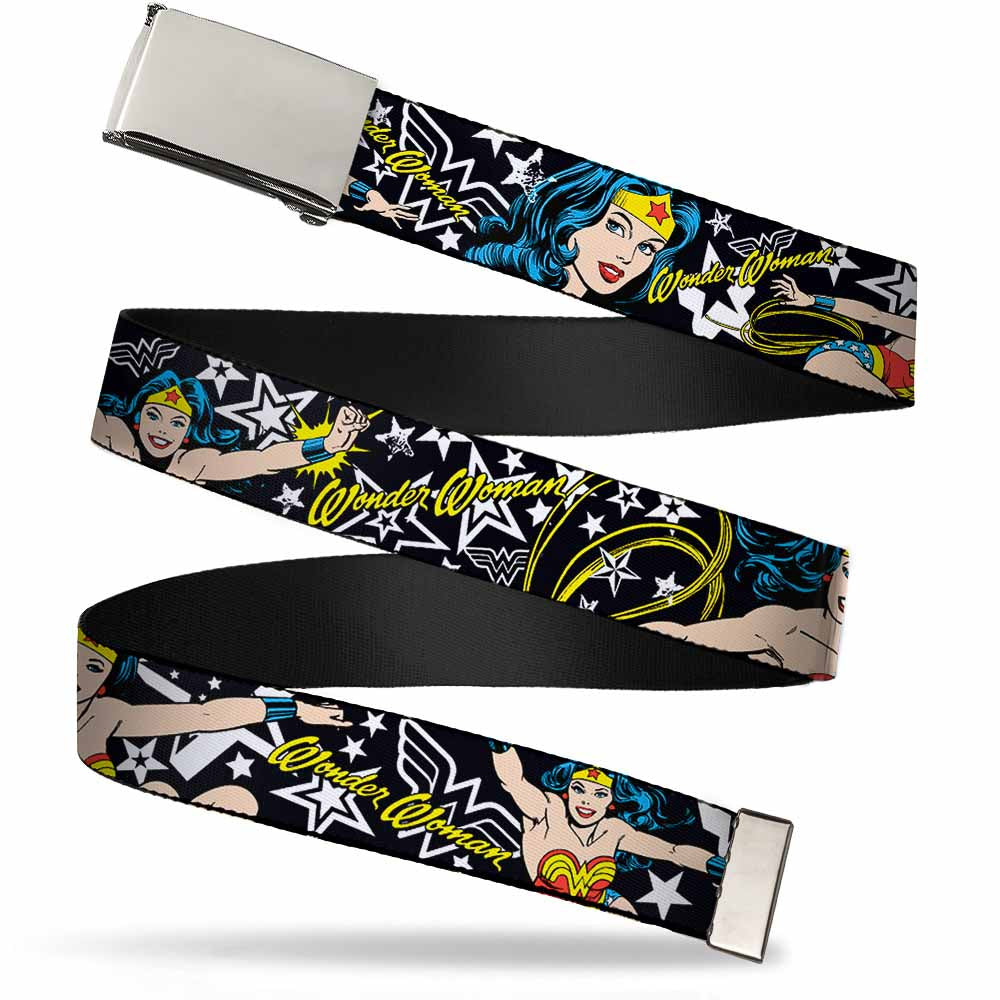 Chrome Buckle Web Belt - Wonder Woman/Stars Black/White Webbing Web Belts DC Comics