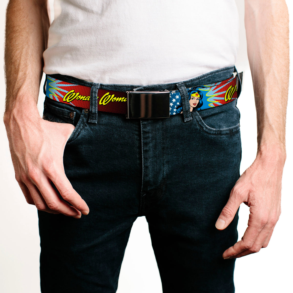 Chrome Buckle Web Belt - Wonder Woman Face w/Stars Webbing Web Belts DC Comics