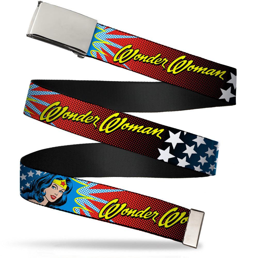 Chrome Buckle Web Belt - Wonder Woman Face w/Stars Webbing Web Belts DC Comics