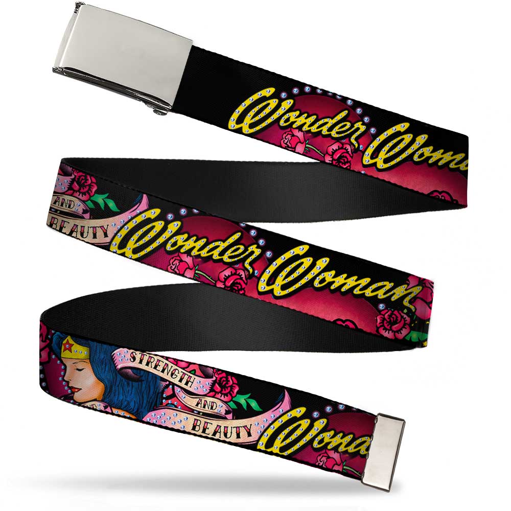 Chrome Buckle Web Belt - WONDER WOMAN/Roses STRENGTH AND BEAUTY Black-Pink Fade Webbing Web Belts DC Comics