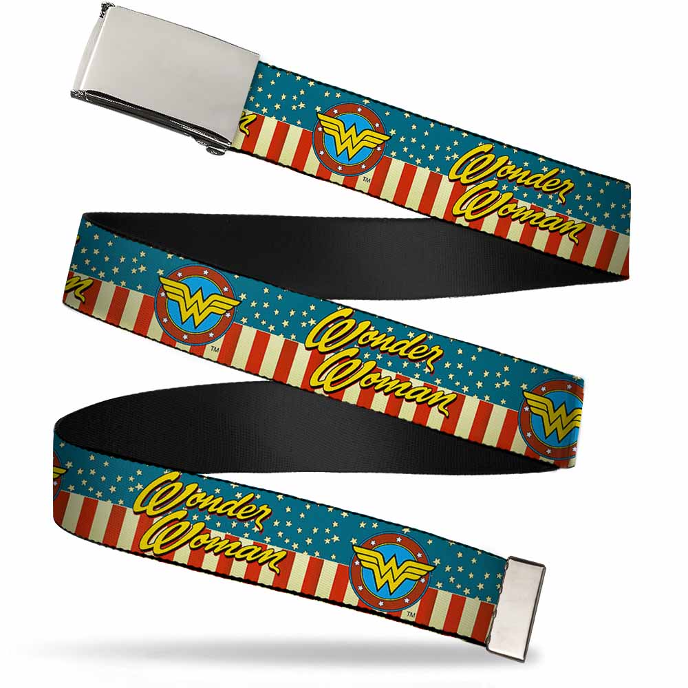 Chrome Buckle Web Belt - WONDER WOMAN/Logo Americana Red/White/Blue/Yellow Webbing Web Belts DC Comics