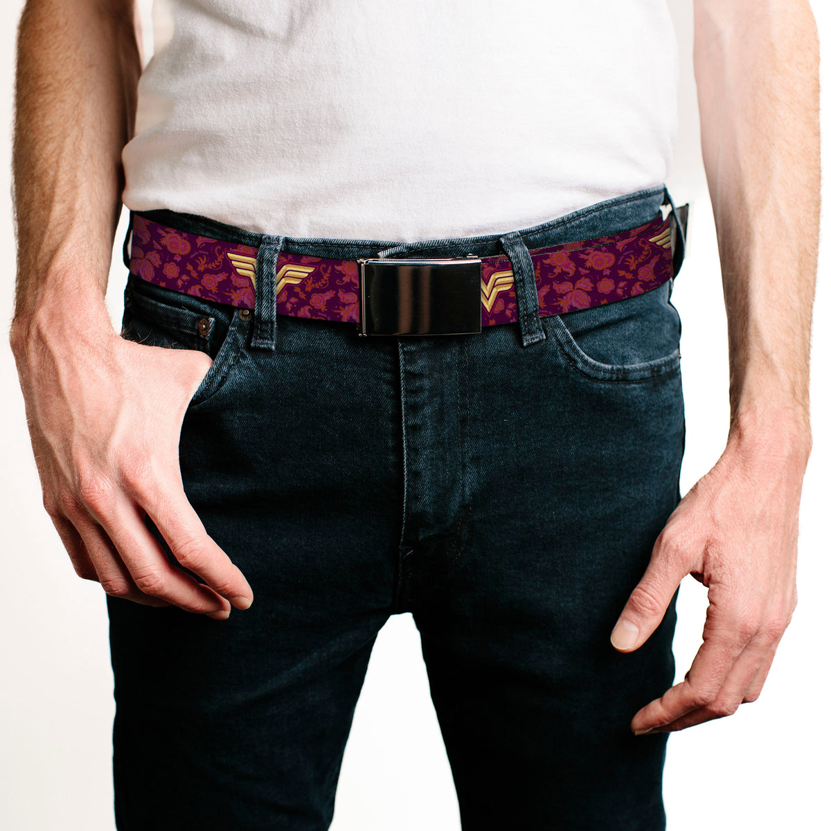Chrome Buckle Web Belt - Wonder Woman Logo/Floral Collage Purple/Pinks/Gold Webbing Web Belts DC Comics