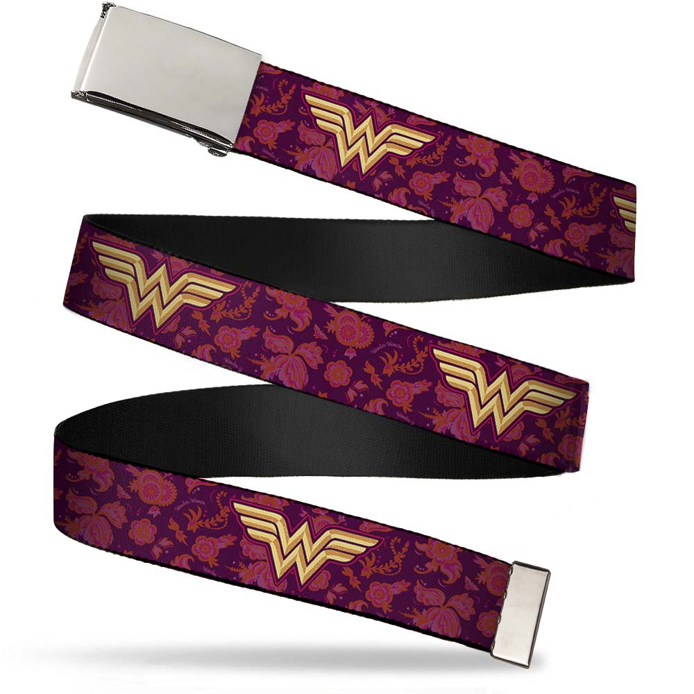 Chrome Buckle Web Belt - Wonder Woman Logo/Floral Collage Purple/Pinks/Gold Webbing Web Belts DC Comics