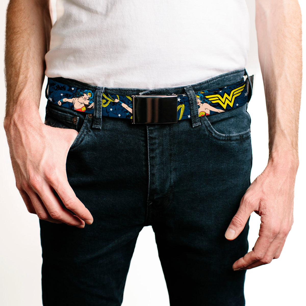 Chrome Buckle Web Belt - Wonder Woman Face/Poses/Logos/Comic Scenes Blues/Yellow Webbing Web Belts DC Comics