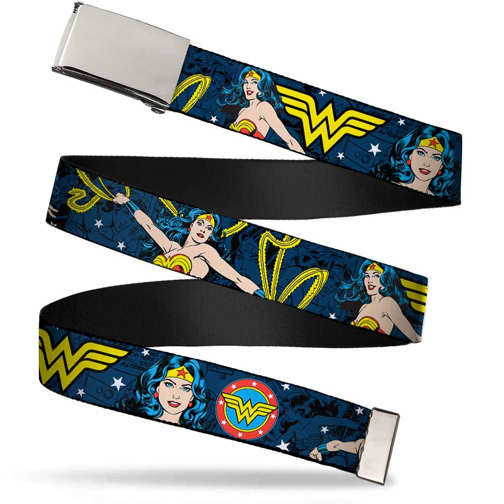 Chrome Buckle Web Belt - Wonder Woman Face/Poses/Logos/Comic Scenes Blues/Yellow Webbing Web Belts DC Comics
