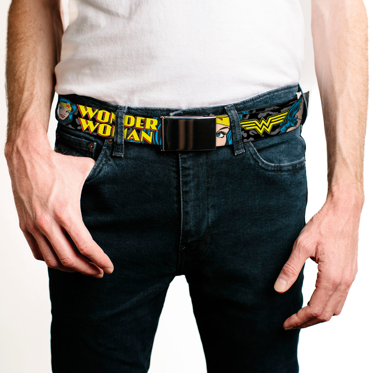 Chrome Buckle Web Belt - WONDER WOMAN w/Face CLOSE-UP Leopard Black/Gray Webbing Web Belts DC Comics