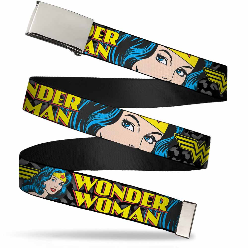 Chrome Buckle Web Belt - WONDER WOMAN w/Face CLOSE-UP Leopard Black/Gray Webbing Web Belts DC Comics