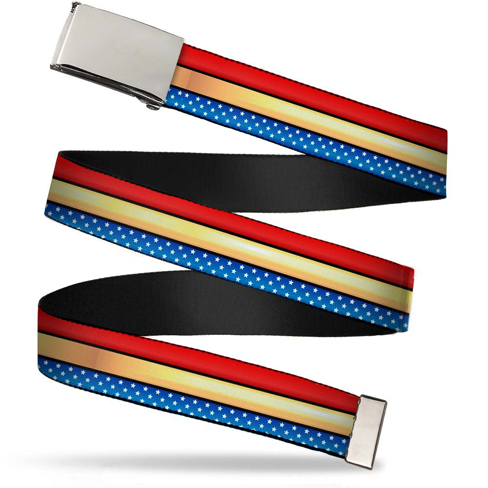 Chrome Buckle Web Belt - Wonder Woman Stripe/Stars Red/Gold/Blue/White Webbing Web Belts DC Comics