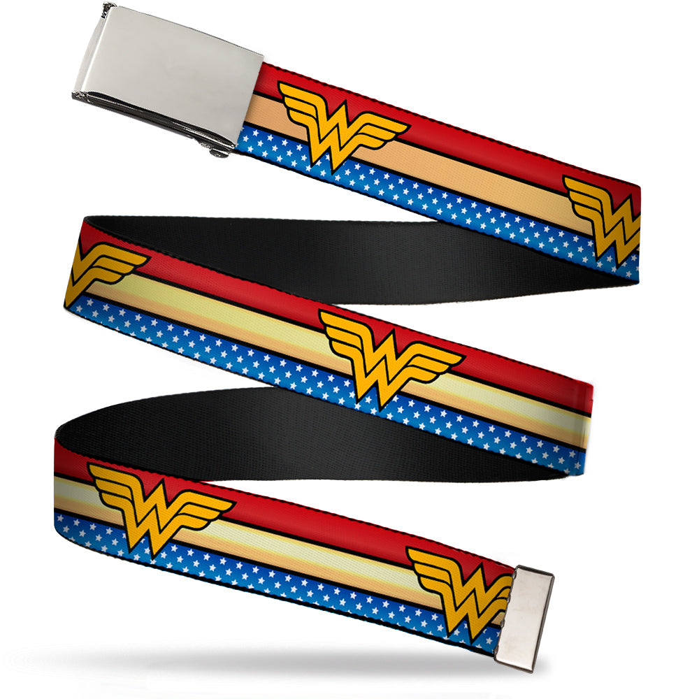 Web Belt Blank Chrome Buckle - Wonder Woman Logo Stripe/Stars Red/Gold/Blue/White Webbing Web Belts DC Comics