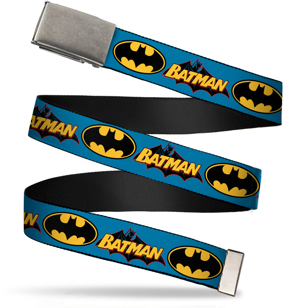 Web Belt Blank Matte Buckle - Vintage Batman Logo & Bat Signal Blue Webbing Web Belts DC Comics