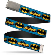 Chrome Buckle Web Belt - Vintage Batman Logo & Bat Signal Blue Webbing Web Belts DC Comics