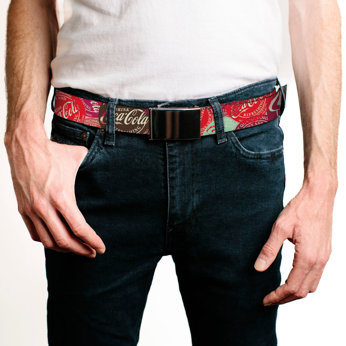 Web Belt Clamp Buckle - DRINK COCA-COLA Coke Patches Stacked Reds/Multi Color Webbing Web Belts Coca-Cola