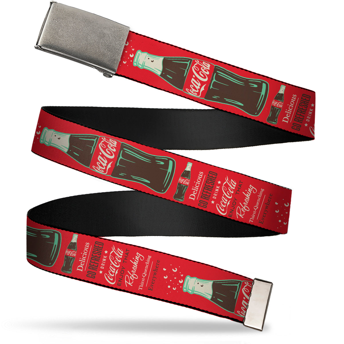 Web Belt Blank Chrome Buckle - Vintage Coca-Cola DELICIOUS GO REFRESHED Typography and Bottle Red/Brown/White Webbing Web Belts Coca-Cola