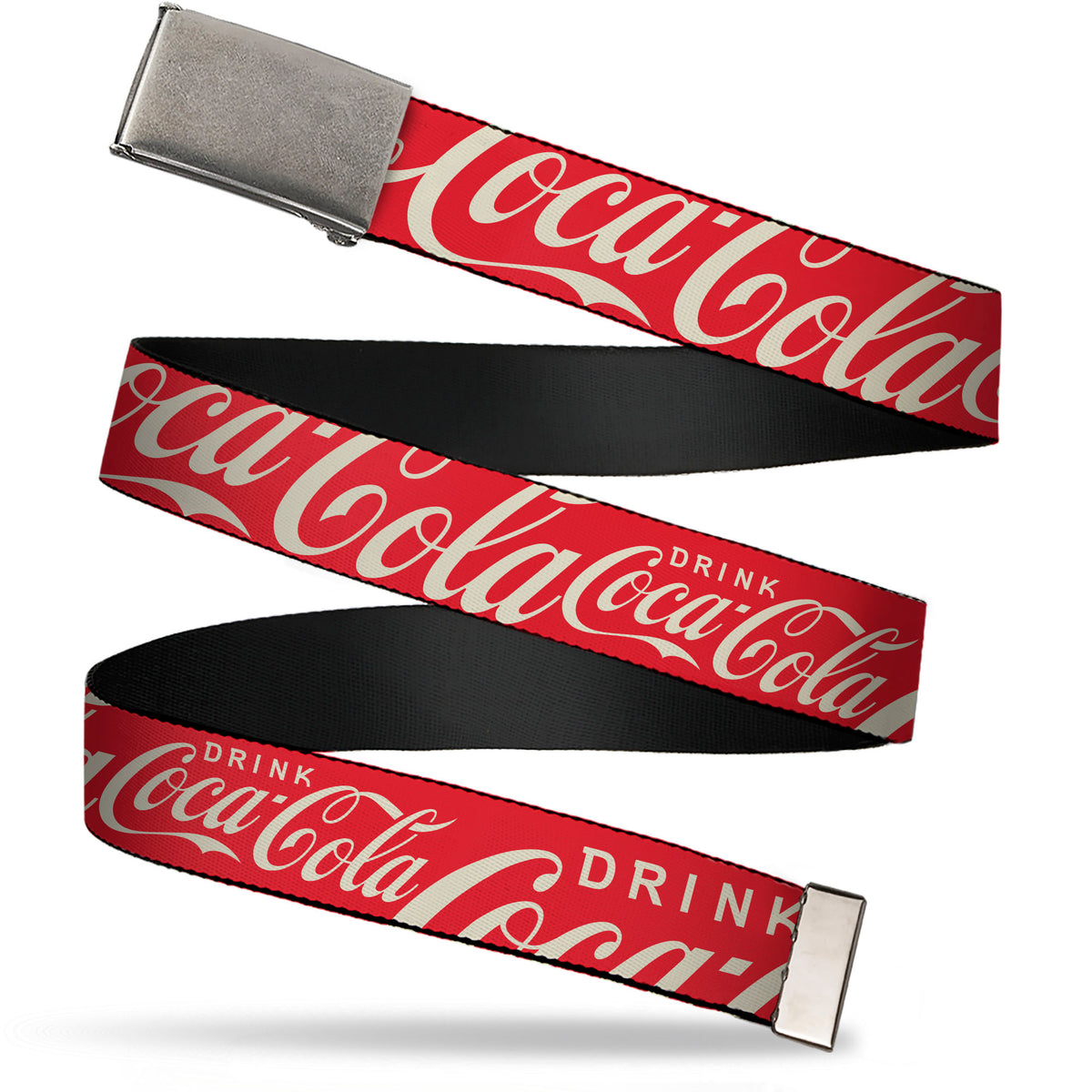 Web Belt Clamp Buckle - DRINK COCA-COLA Typography Logo Scattered Red/White Webbing Web Belts Coca-Cola