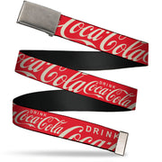 Web Belt Clamp Buckle - DRINK COCA-COLA Typography Logo Scattered Red/White Webbing Web Belts Coca-Cola