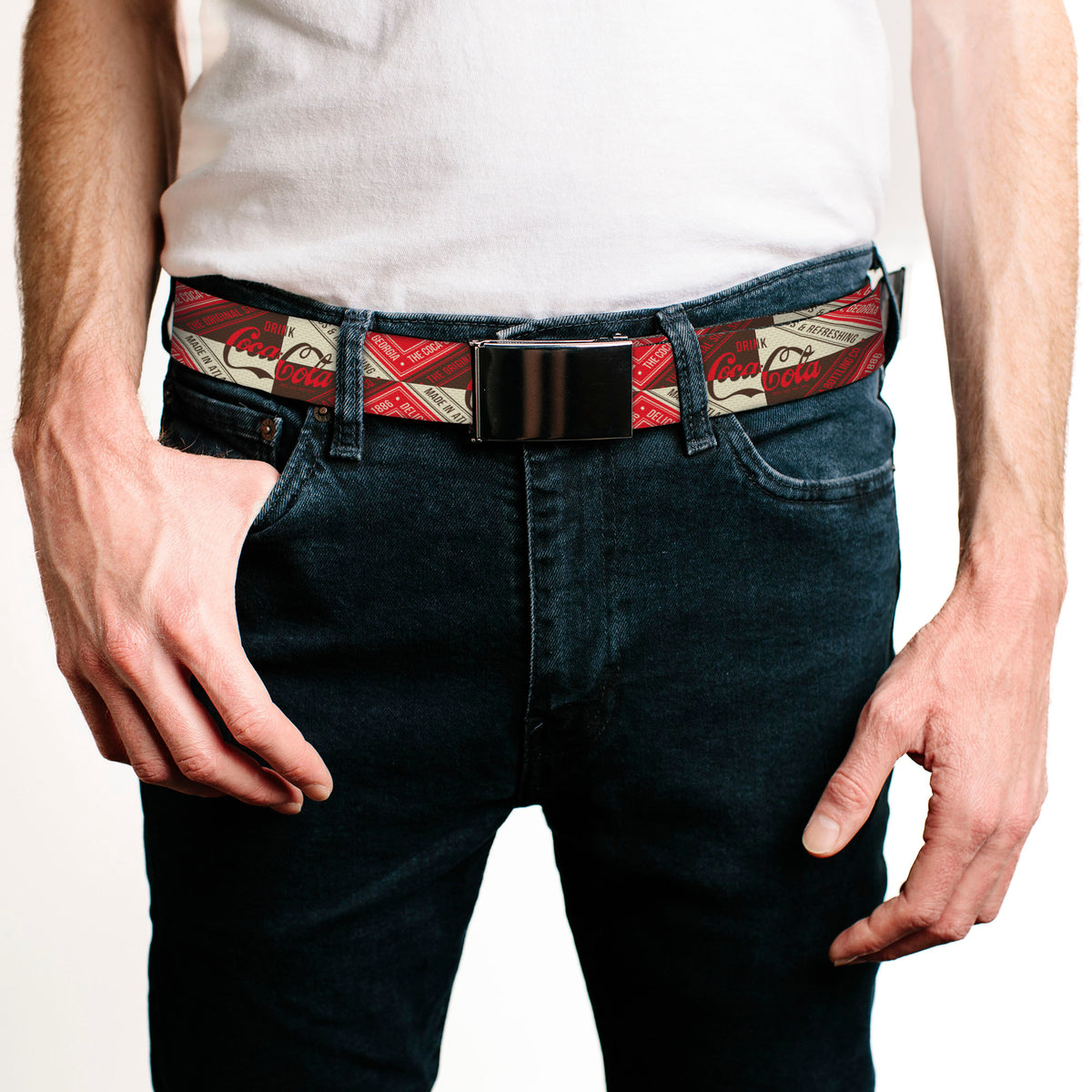 Web Belt Clamp Buckle - DRINK COCA-COLA Coke Diamond Blocks Red/Brown/Beige Webbing Web Belts Coca-Cola