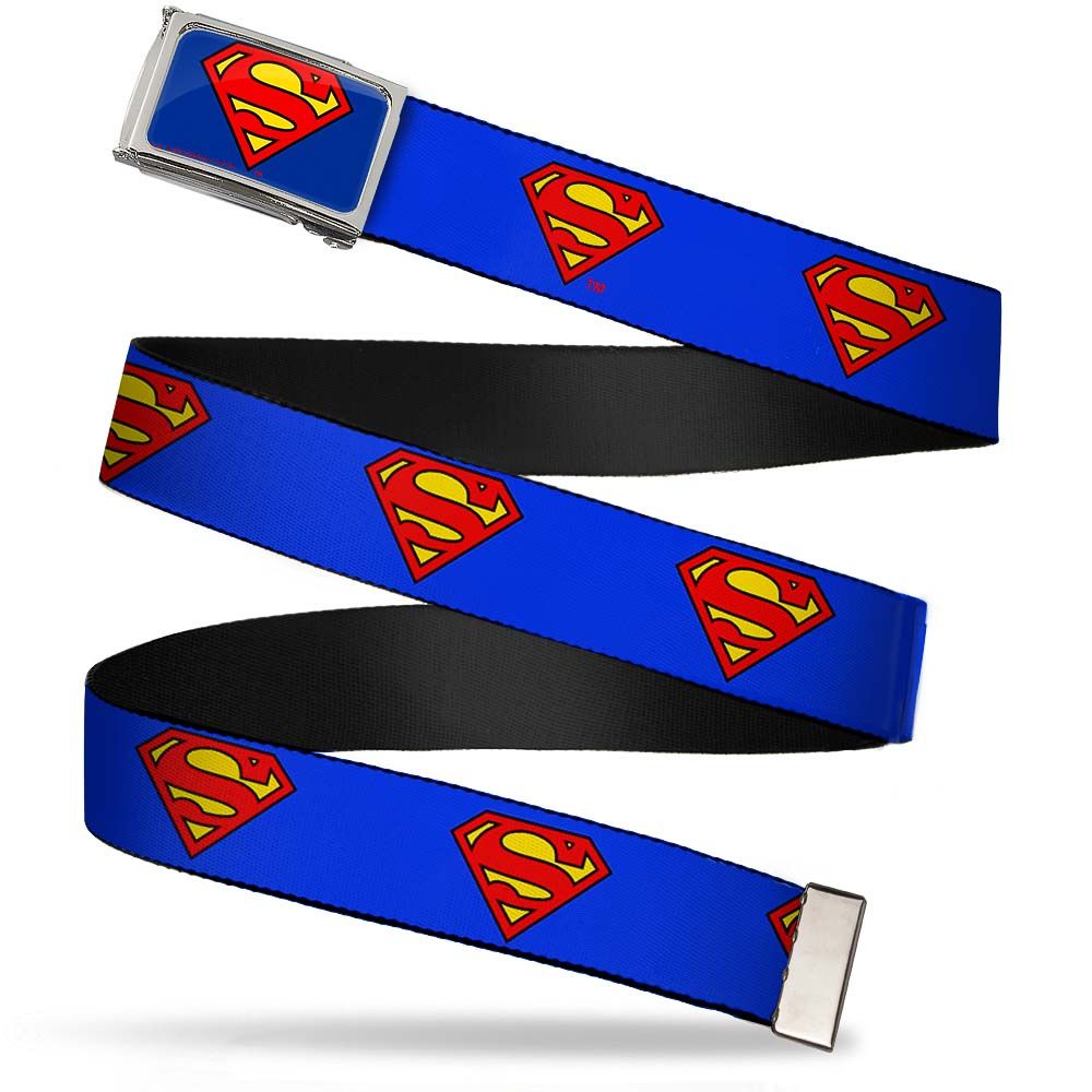 Adjustable Belt, Clamp Buckle, Cut-to-Fit, Superman Shield Blue Web Belts DC Comics