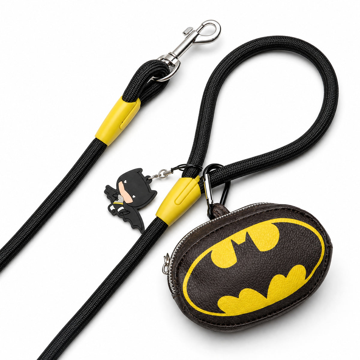 Dog Leash - Batman Black Rope Leash with Bat Signal Oval Shape Dispenser Dog Leashes Rope Leash + Waste Bag Dispenser DC Comics