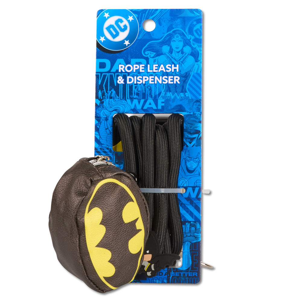 Dog Leash - Batman Black Rope Leash with Bat Signal Oval Shape Dispenser Dog Leashes Rope Leash + Waste Bag Dispenser DC Comics